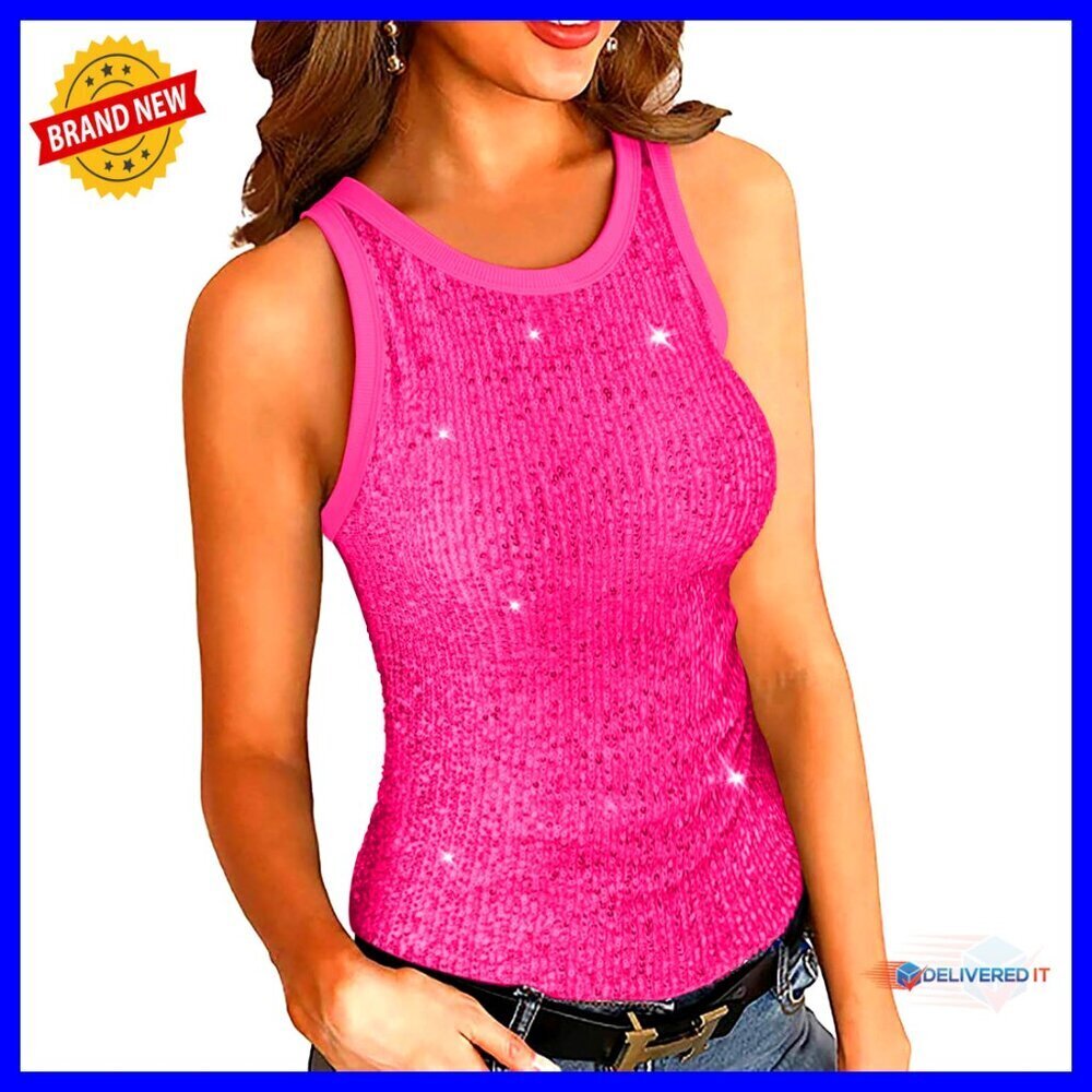 Sequin Tank Top Slim Fit Crewneck Sparkle Shimmer Sleeveless Blouse Y2K Chic
